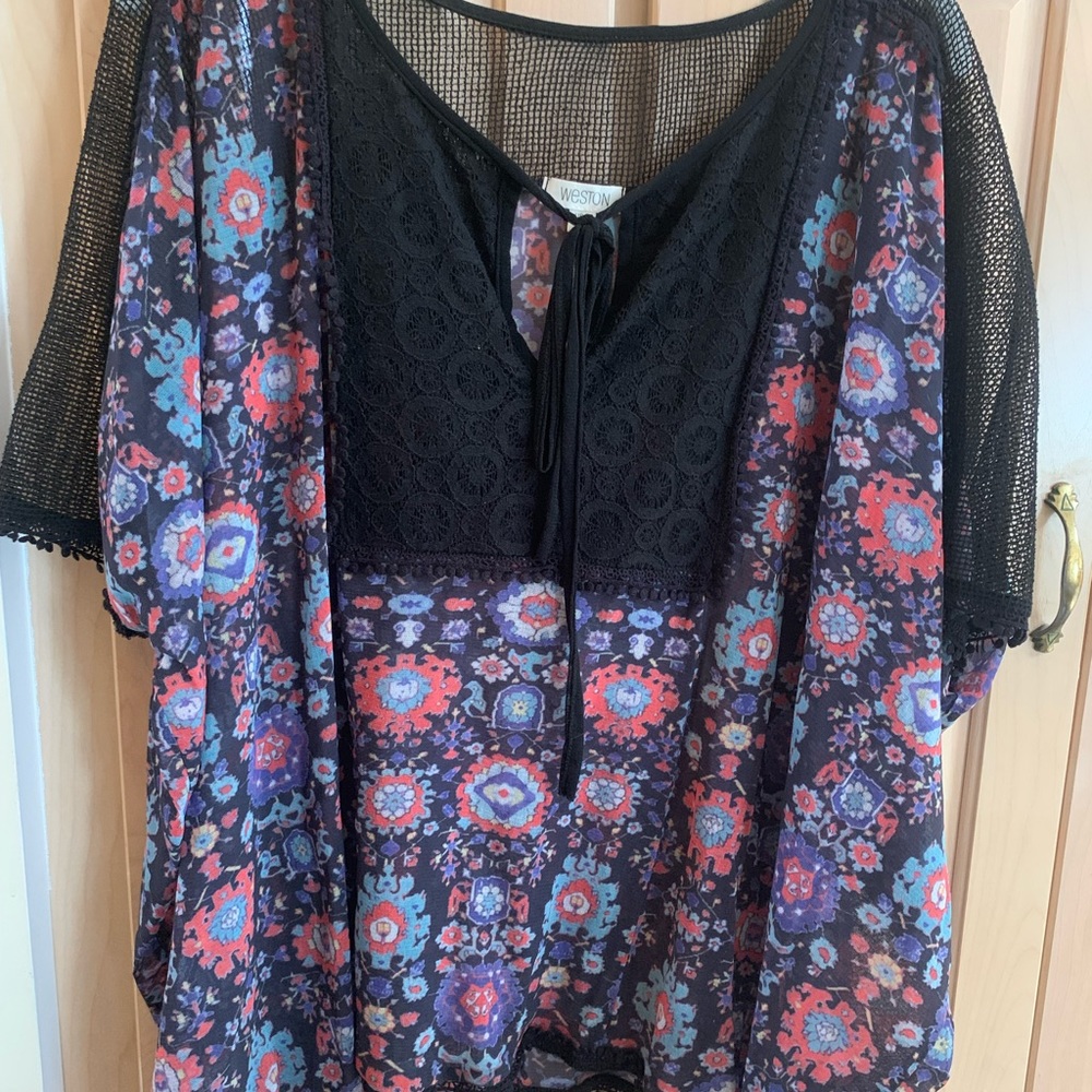 Red & blue multi;black mesh sleeves and back;lace
